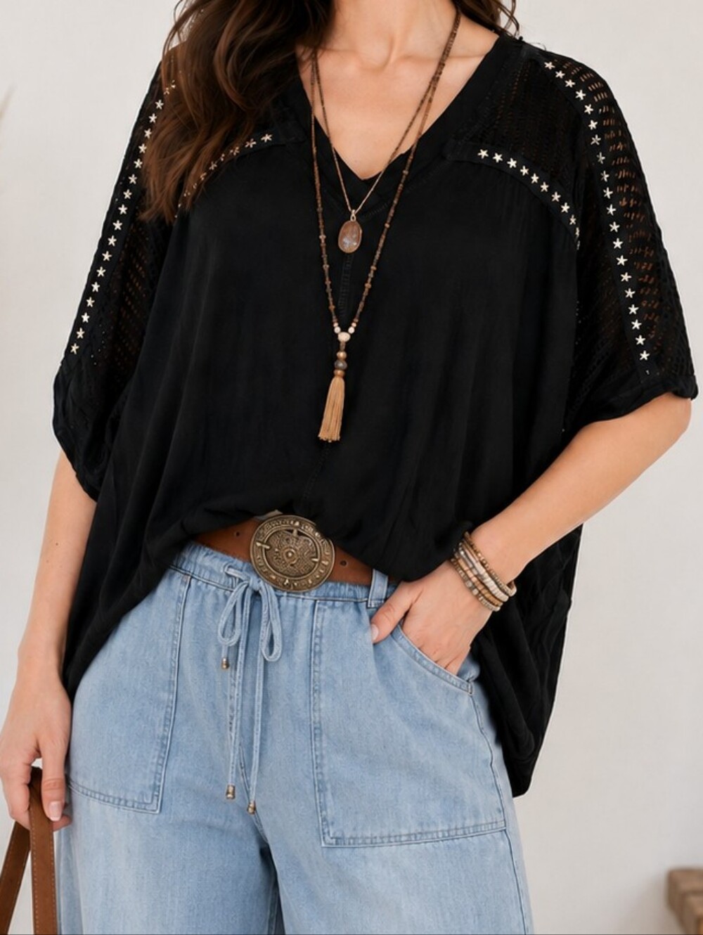 POL Oversized Black V-Neck Star-Trim Short Sleeve Shirt. NWOT